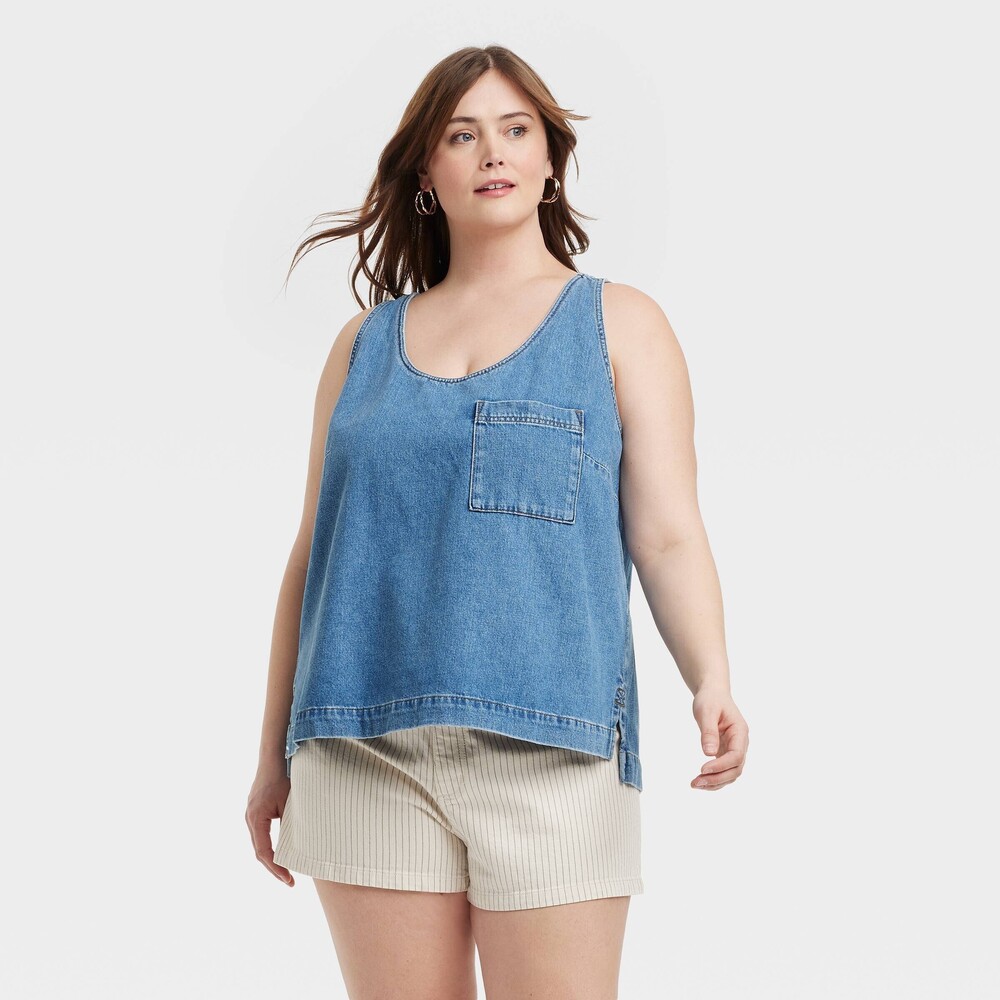 Universal Thread Denim Tank Top - Medium Wash, Midweight Scoopneck, Front Pocket